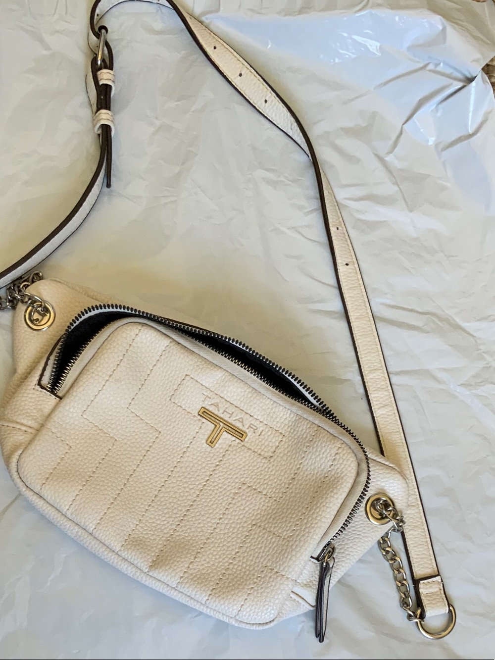 T Tahari Cream Pebbled Leather Crossbody Belt Bag with Gold Hardware